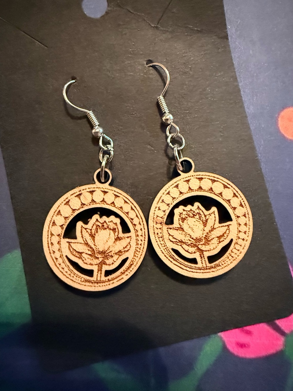 Boho Lotus Wood Drop Earrings - Natural Taupe